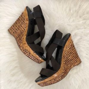 Women’s BCBGirls Wedge Sandals, elastic straps, 5” heel. Worn once for party.